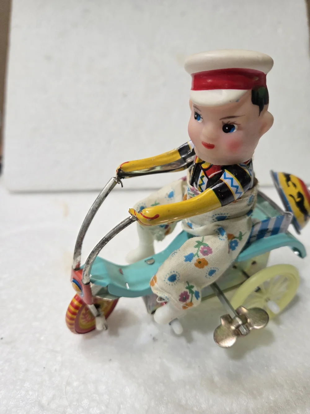 Vintage- 1970s Tin Wind-up Tricycle Toy with Blue Accents Works Perfectly